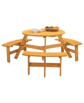 6-Person Natural Circular Wood Outdoor Picnic Table Seats 6 People with 3 Built-in Benches and Umbrella Hole
