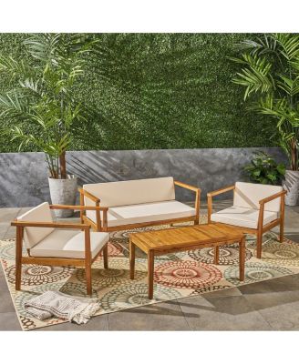 Alcove Teak Brown 5-Piece Wood Outdoor Patio Conversation Sectonal Seating Set with Beige Cushions