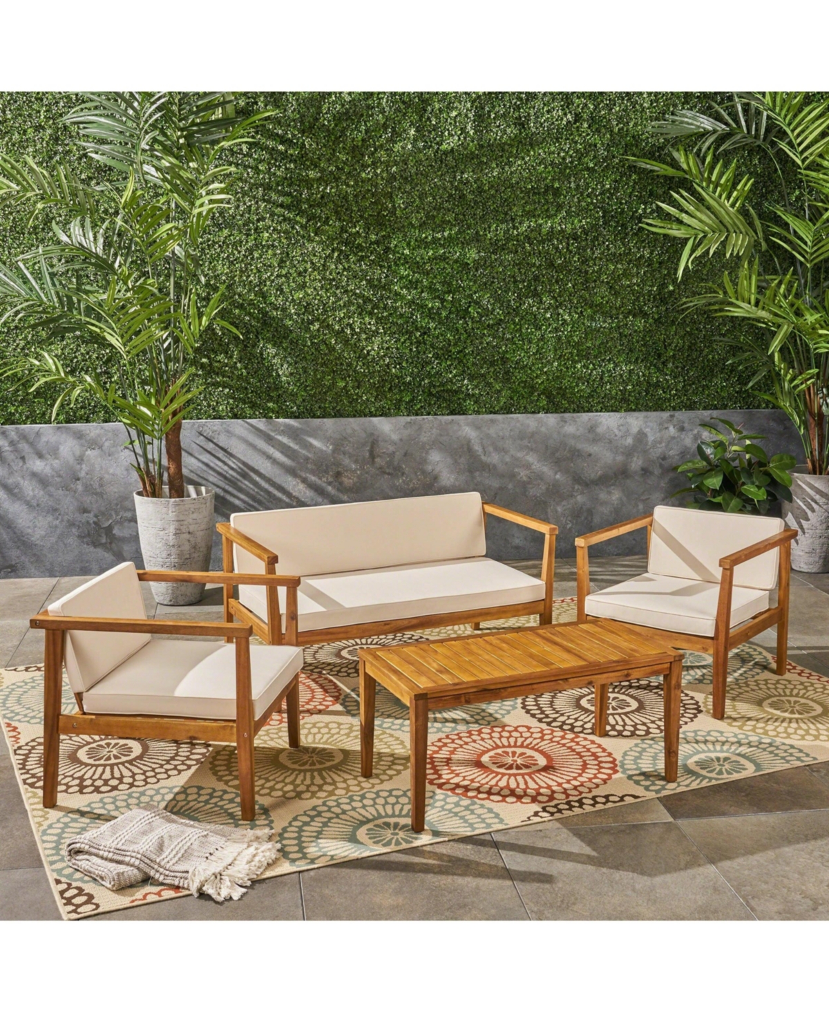 Alcove Teak Brown 5-Piece Wood Outdoor Patio Conversation Sectonal Seating Set with Beige Cushions