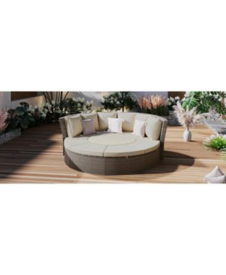 5-Piece Round Rattan Sectional Sofa Set All-Weather PE Wicker Sunbed Daybed with Round Liftable Table and Washable Cushions