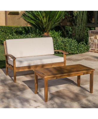2 Pieces Acacia Wood Outdoor Loveseat with Coffee Table and Beige Cushions for Patio Backyard
