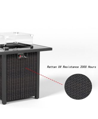 28 in. Propane Fire Pit Table, Rattan and Wicker,50000 BTU, Glass Windscreen Protector