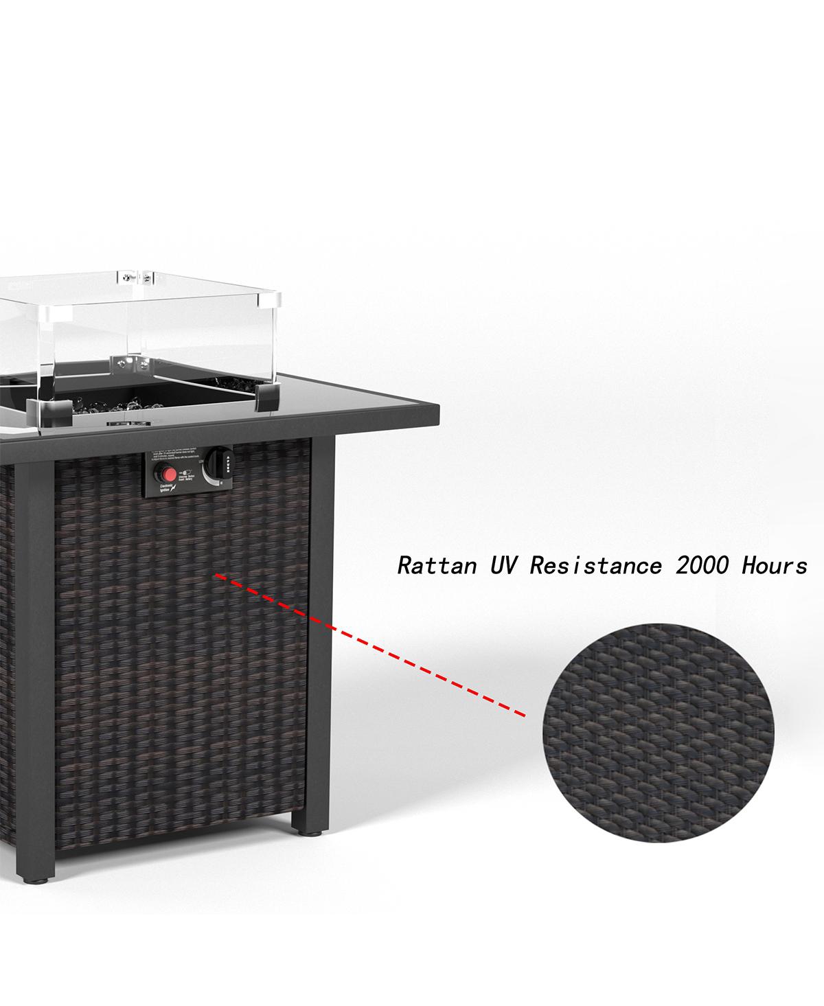 28 in. Propane Fire Pit Table, Rattan and Wicker,50000 Btu, Glass Windscreen Protector