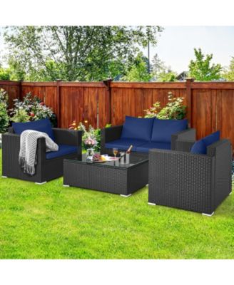 4 Pieces Patio Rattan Conversation Set with Padded Cushions
