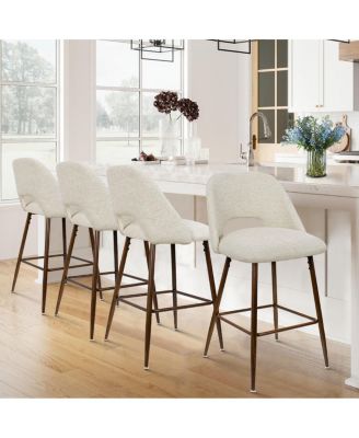  Set of 4  Textured Fabric, Walnut-Finished Metal  Curved Backrest, Padded Seat, Footrest Counter Height Stools