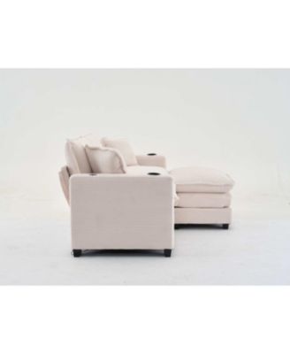 Streamdale L Shape Corduroy Sofa w/ USB, Cup Holder & Ottoman - Beige