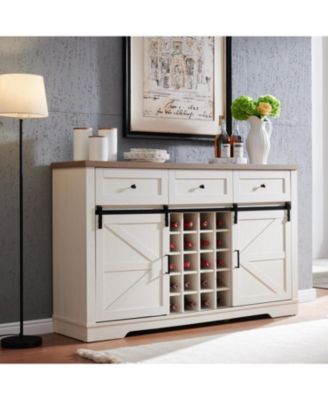 Farmhouse Wine Bar Cabinet, Sliding Barn Door, Antique White