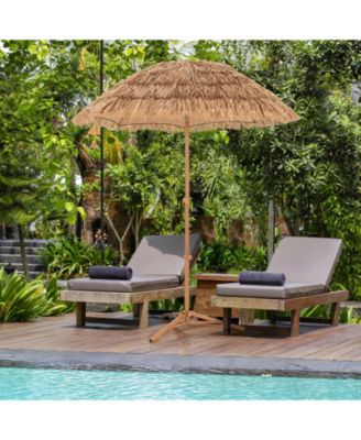 6.5 Feet Thatched Tiki Umbrella with Foldable Stand Push Button Tilt-Natural