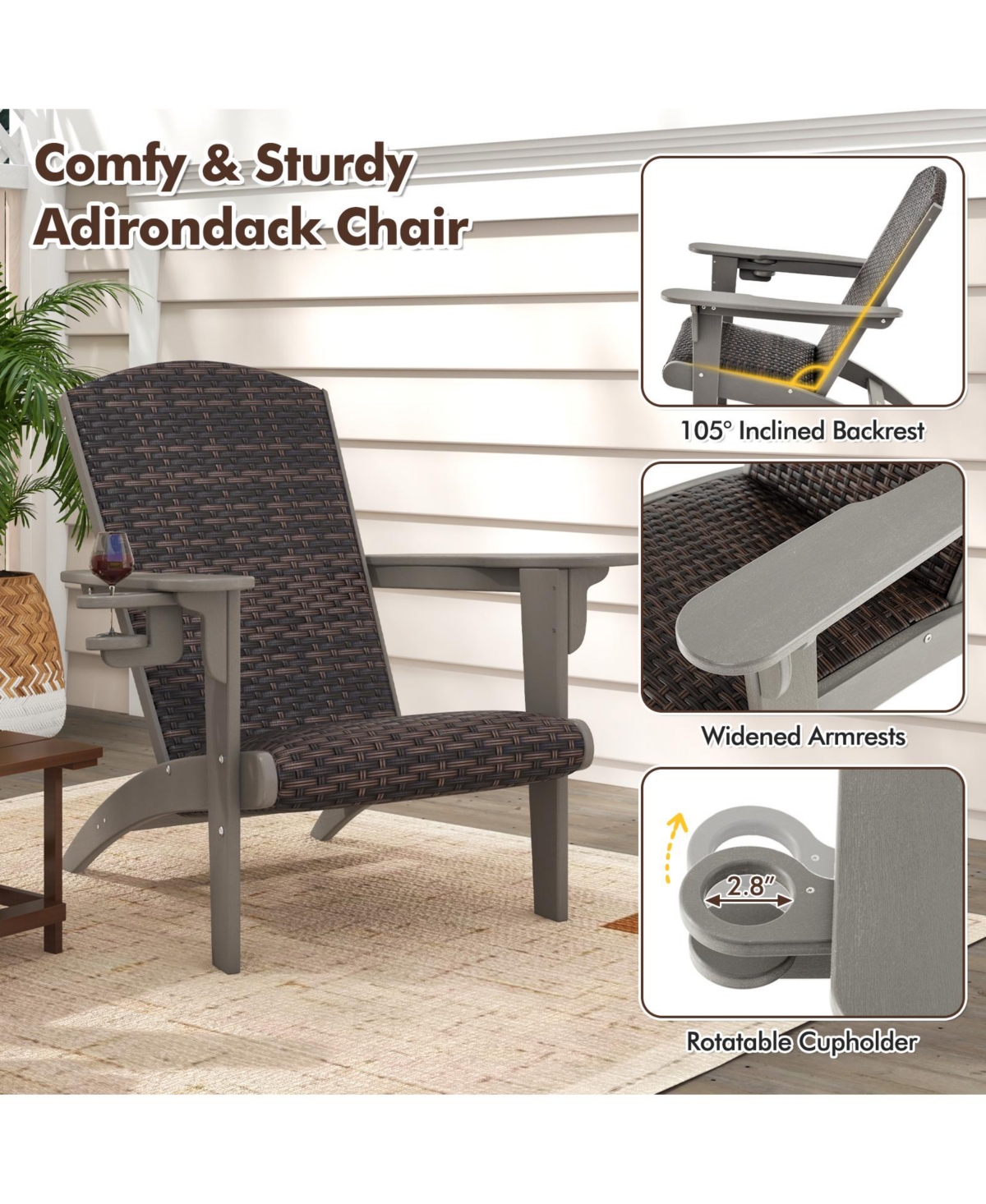 Patio Adirondack Chair with Rattan Padded Seat and Hidden Cupholder