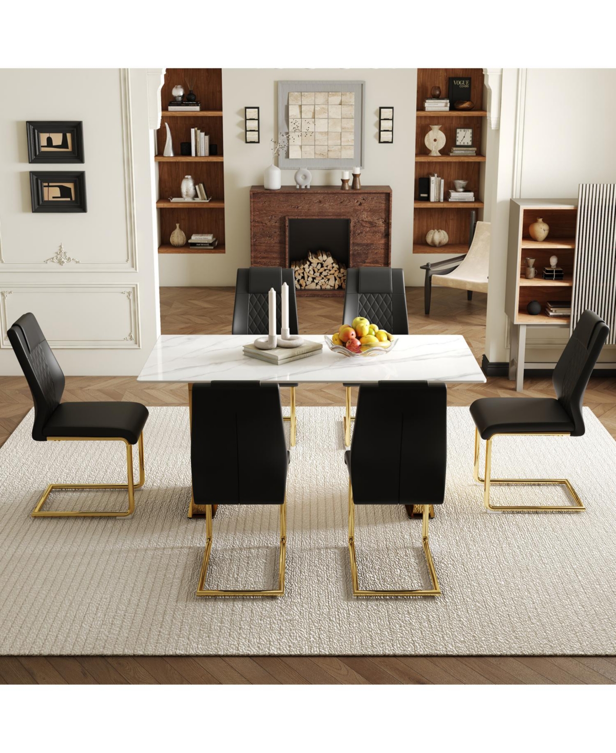 Snow Mountain White Sintered Stone Table & 6 Black Pu Chairs