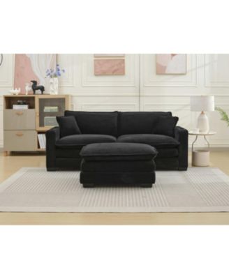 Streamdale L Shape Corduroy Sofa w/ USB, Cup Holder, Footstool - Black