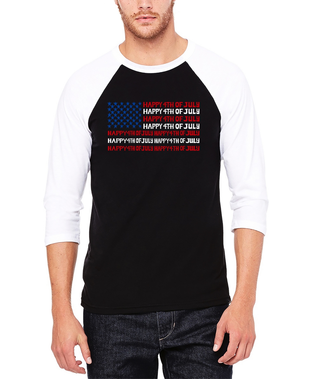 La Pop Art Men's Happy 4th Of July Raglan Baseball Word Art T-shirt