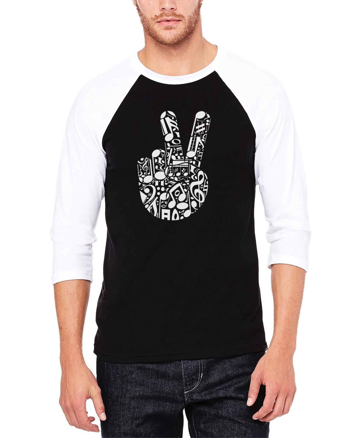 La Pop Art Men's Peace Finger Notes Raglan Baseball Word Art T-Shirt - Black, White