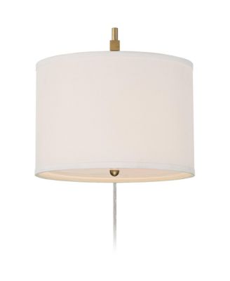 Adair Modern Wall Lamps Set of 2 Warm Brass Metal Plug-in 12" Light Fixture Linen Drum Shade for Bedroom Reading Living Room Hallway Home