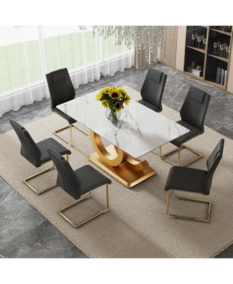 Streamdale 63" Glass Dining Set Marble Table & 6 Black/Gold Chairs