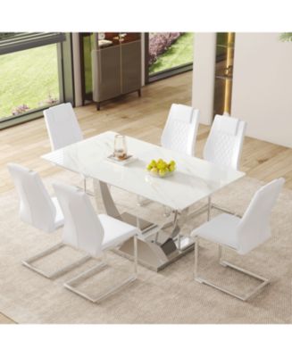 Modern Glass Dining Set: Marble Top Table & 6 White PU Chairs - Macy's