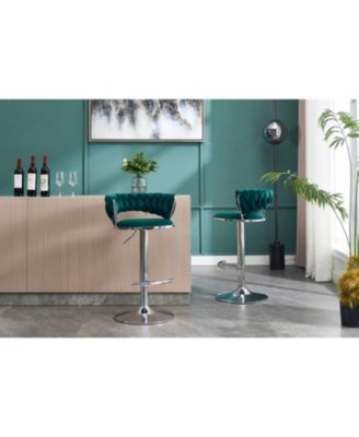 Green Velvet Bar Stools, Chrome Base, Adjustable Height (Set of 2)