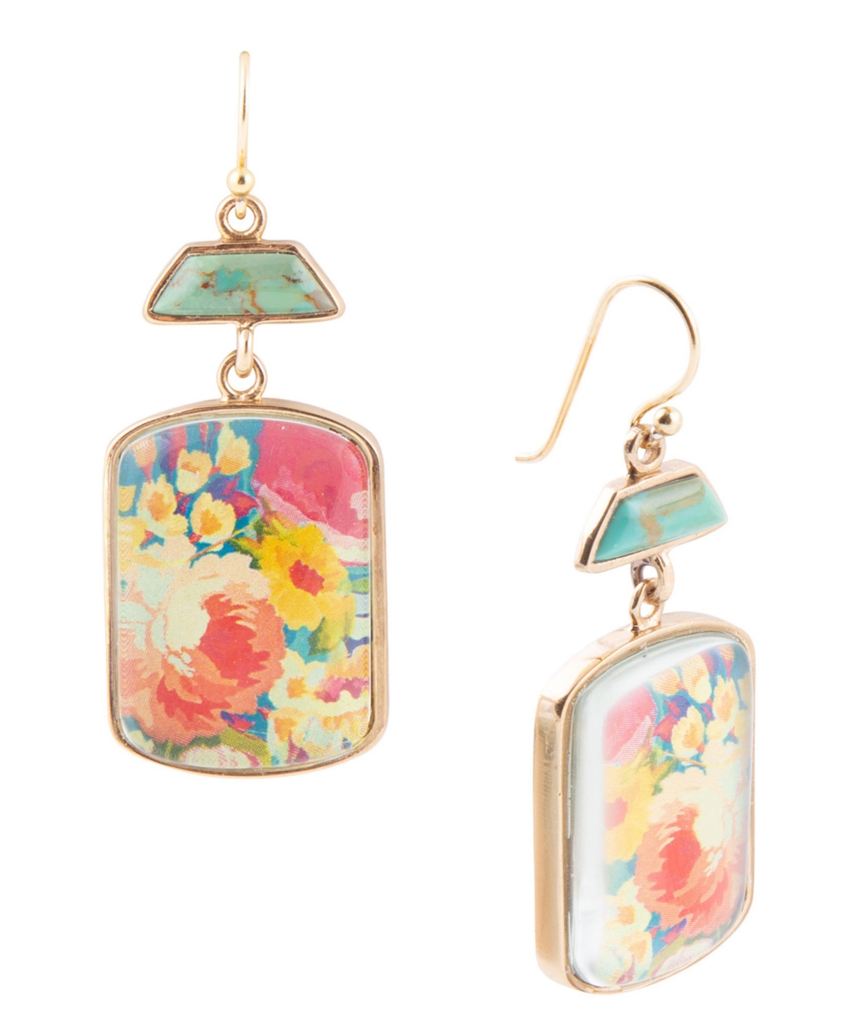 Scenic Floral Blue Turquoise Golden Earrings - Genuine Turquoise