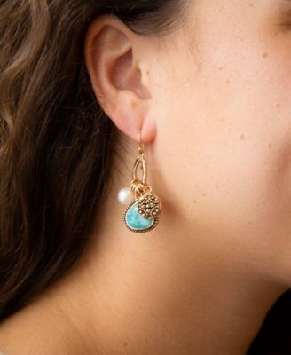 Blue Turquoise and White Cultivated Pearl Multi Charm Earrings