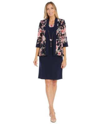 R & M Richards - Women's Floral Printed Jacket and Necklace Dress Set