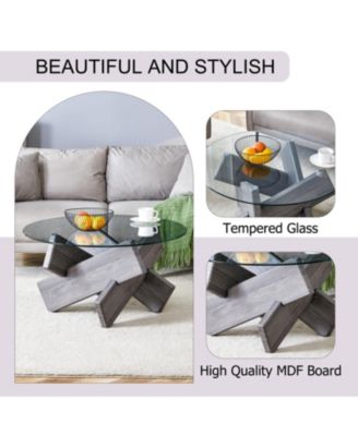 Streamdale Round Coffee Table – 1 Pc, Tempered Glass & MDF, 33.4" Diameter, Grey Patterned Legs, Modern Living Room Furniture