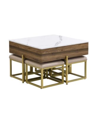 Modern Square Lift-Top Coffee Table Set with Storage & 4 Ottomans