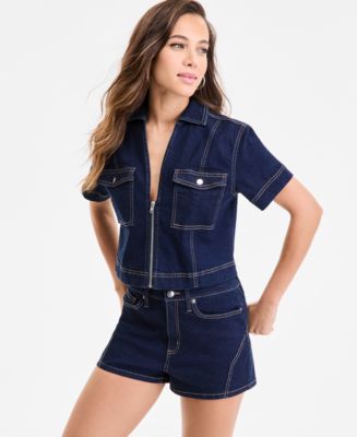 売れ筋商品|||バースリー カットソー トップス レディース Trendy Plus Size Seamed Denim Zip-Front Top, Exclusively at Macy's Midnight Wash Bar III Trendy Plus Size Seamed Denim Zip-Front Top