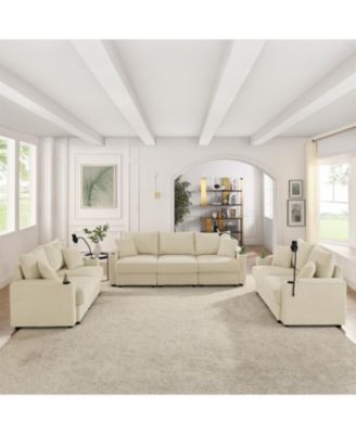 Streamdale Beige Corduroy 7-Seat Sofa Set with Storage & Cup Holders