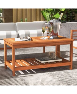 2-Tier Patio Coffee Table with Slatted Tabletop and Shelf