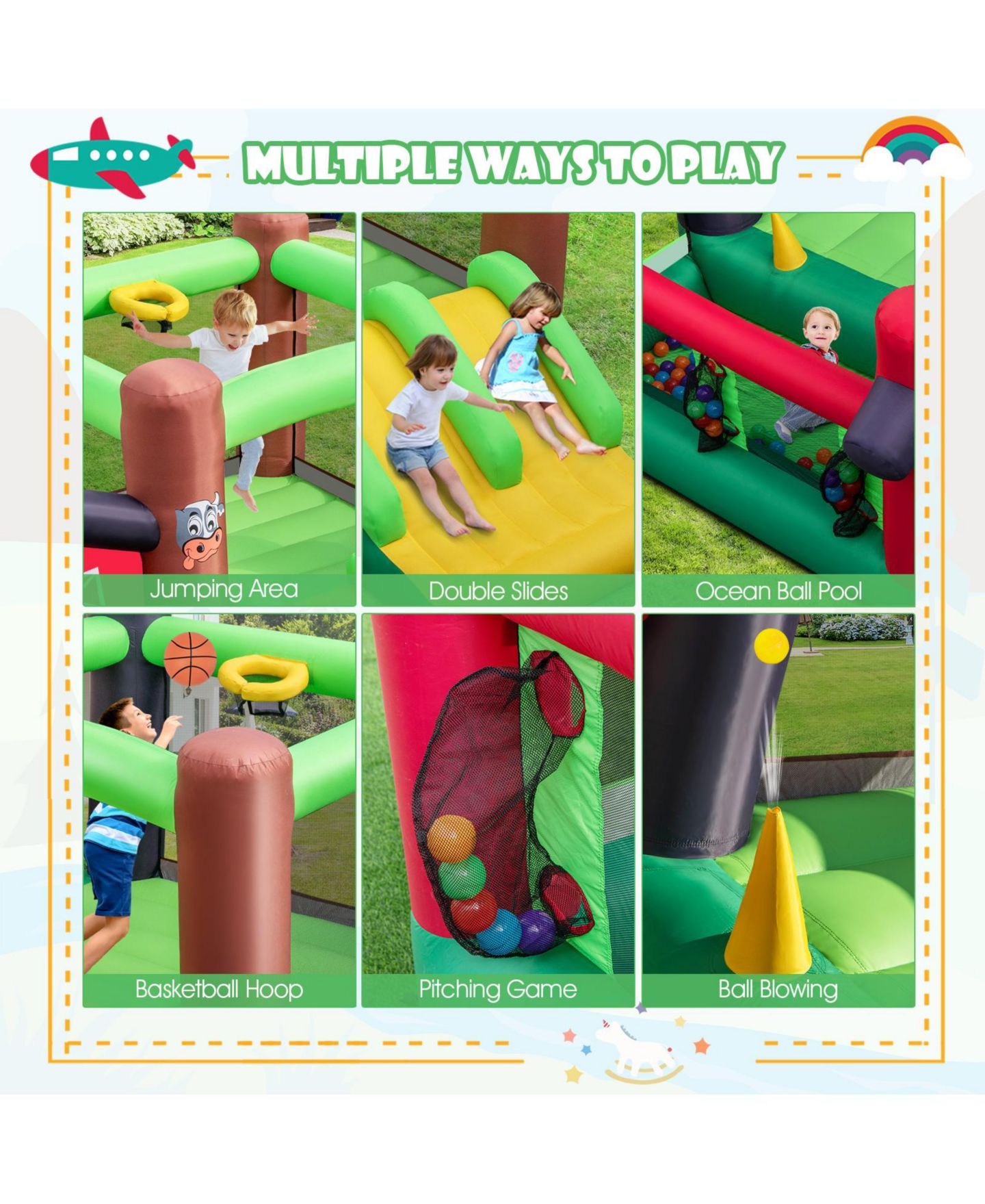 Детские игрушки GOUUN 6-in-1 Inflatable Bounce House with Double Slides, 140" x 130" x 87", Ages 3-10, цвет: Зелёный — фото 7
