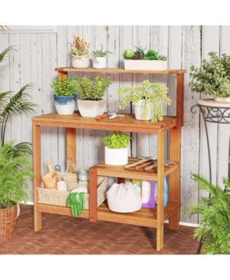 Outdoor Garden Potting Wood Planting Workstation with Open Shelves