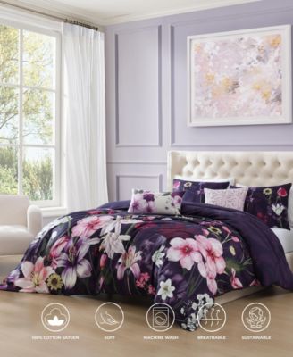 Morning Glory Bedding 100% Cotton Sateen 5 Piece King Size Reversible Comforter Set