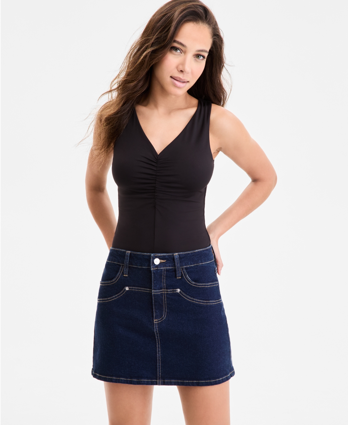 Bar Iii Women's Ruched V-Neck Sleeveless Bodysuit, Exclusively at Macy's