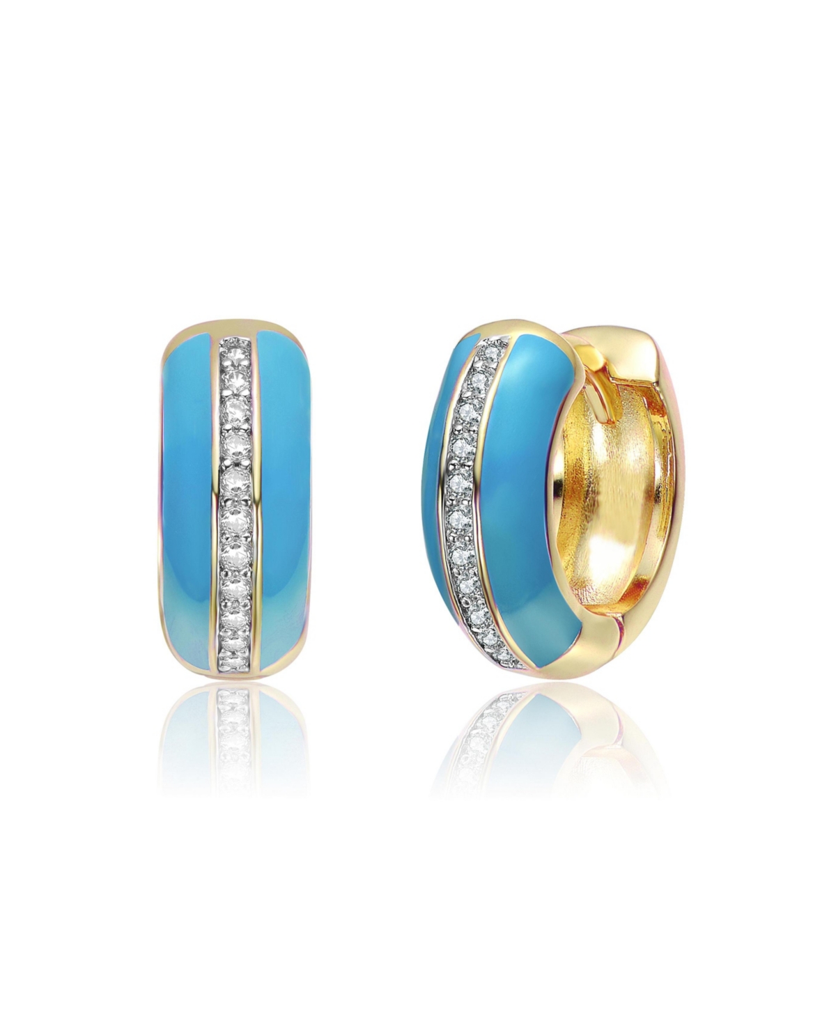 14K Gold Plated with Clear Cubic Zirconia Colored Enamel Hoop Earrings - Red