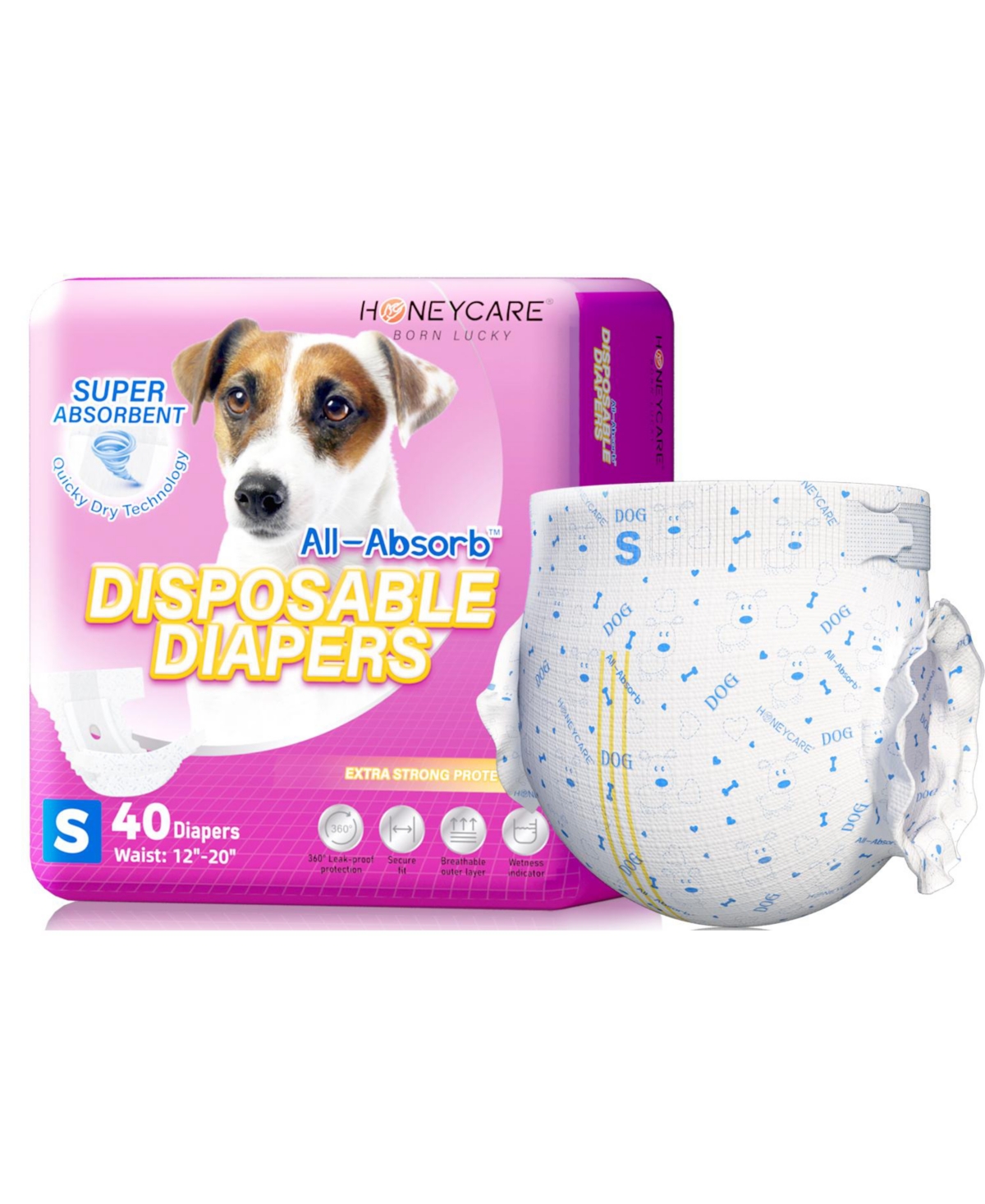 All-Absorb Disposable Female Dog Diapers, Super Absorbent, Breathable, Wetness Indicator, Small, 12-20 inches, 80ct - White