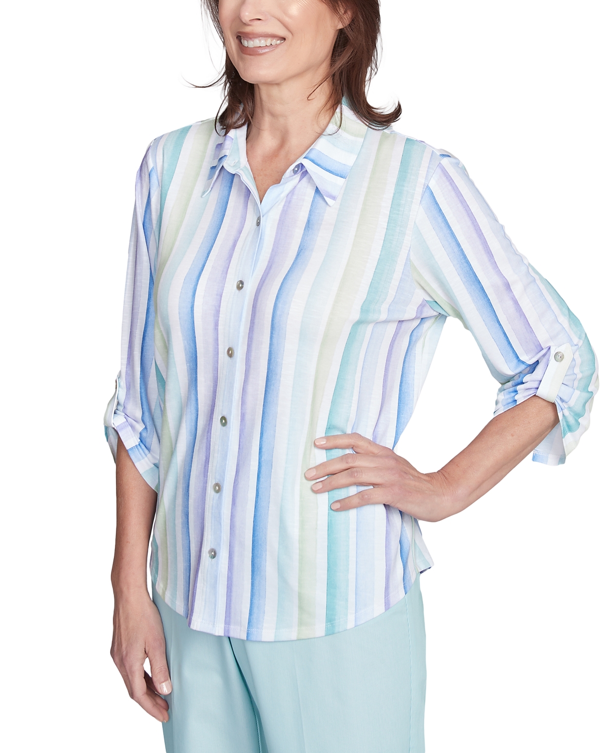 Alfred Dunner Petite St. Thomas Island Stripe Roll-tab Shirt