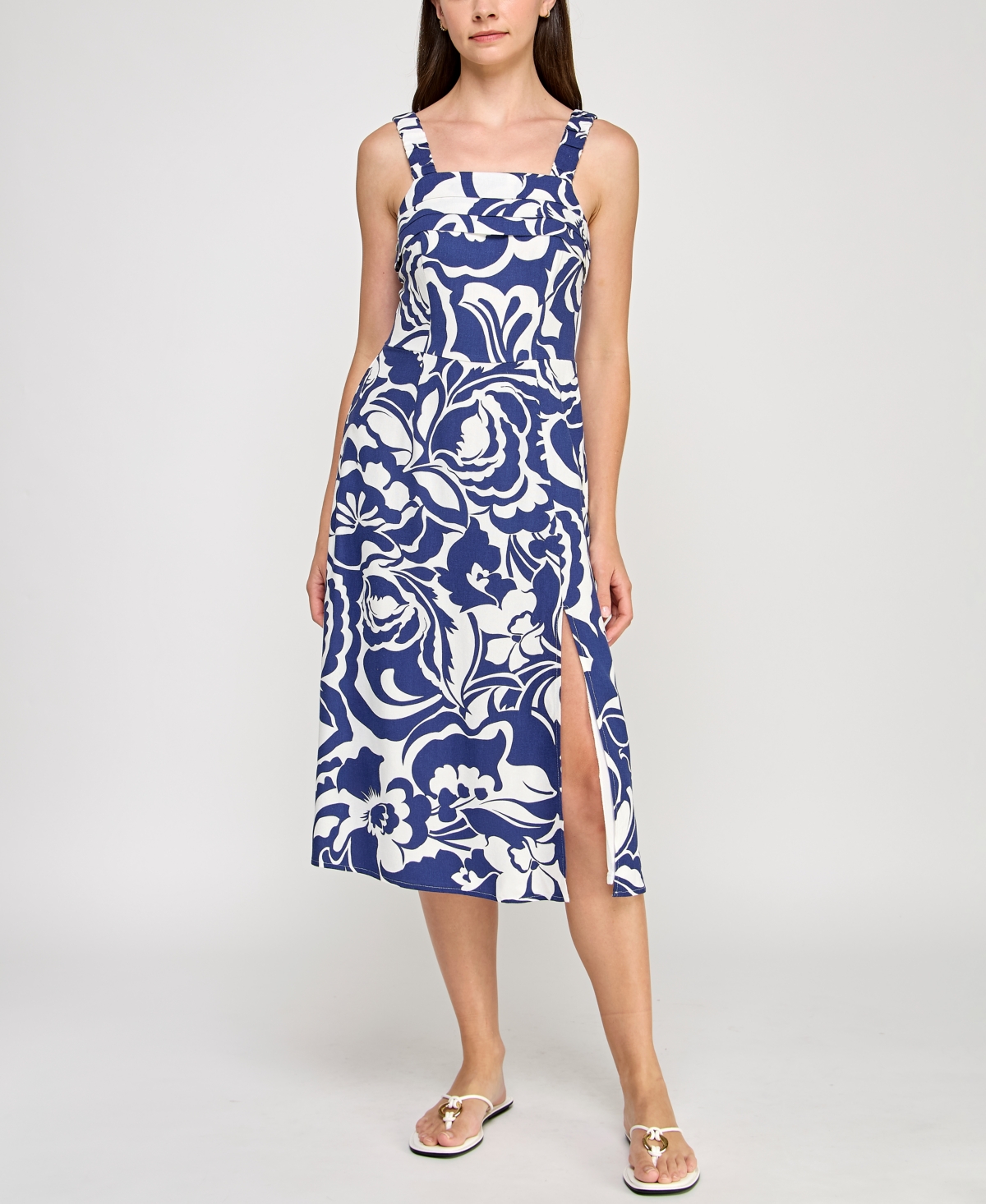 Juniors' Printed Square-Neck Sleeveless Midi Dress - Dark Blue