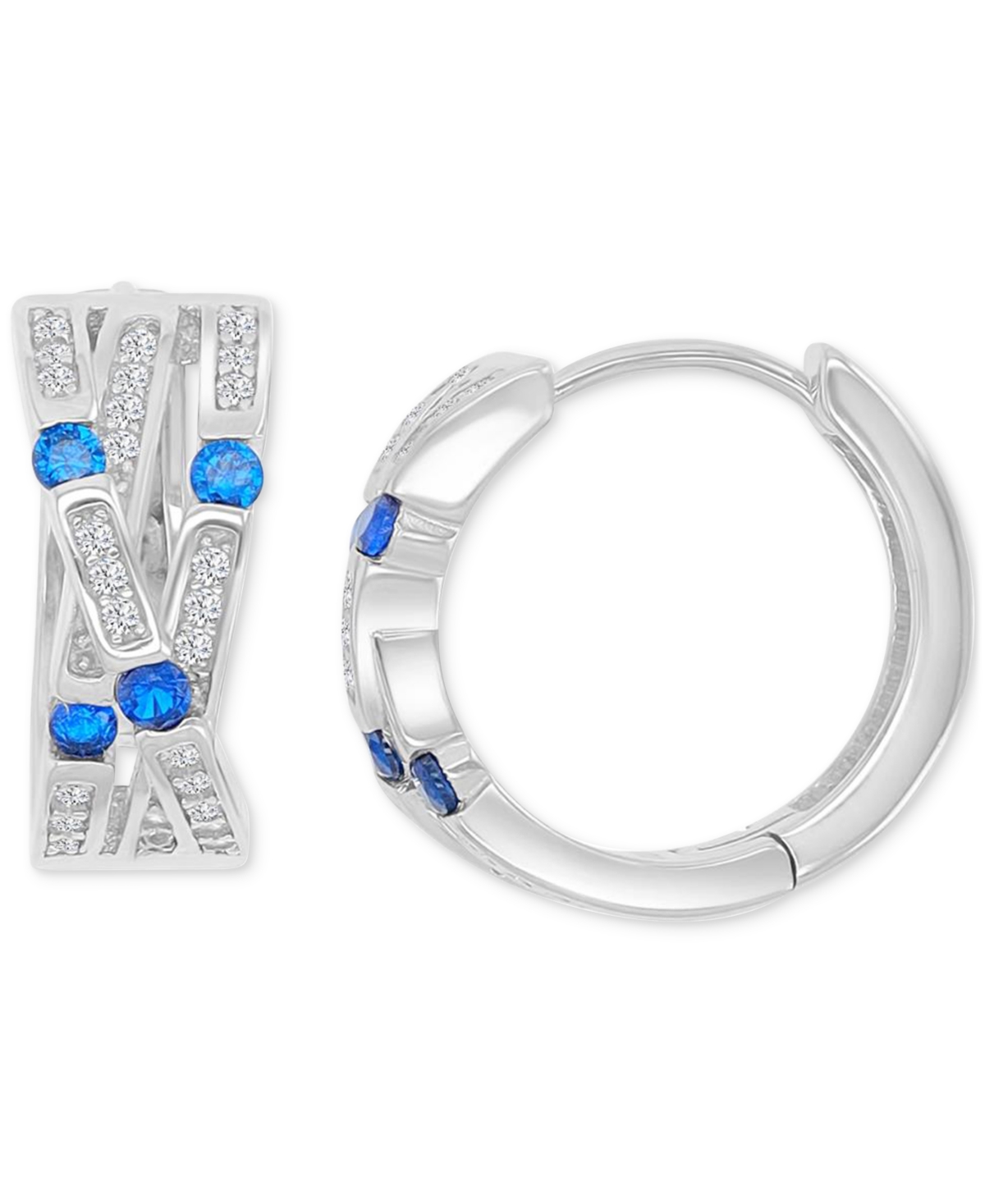 Blue Cubic Zirconia Pave Three-Row Overlapped Huggie Earrings in Sterling Silver - Silver