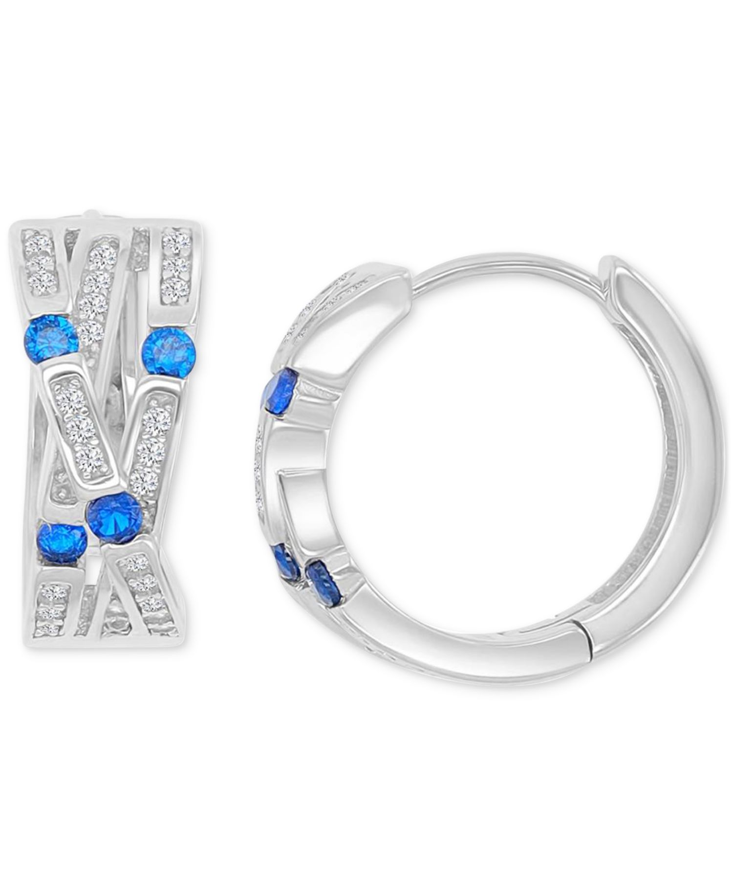 Blue Cubic Zirconia Pav&eacute; Three-Row Overlapped Huggie Earrings in Sterling Silver