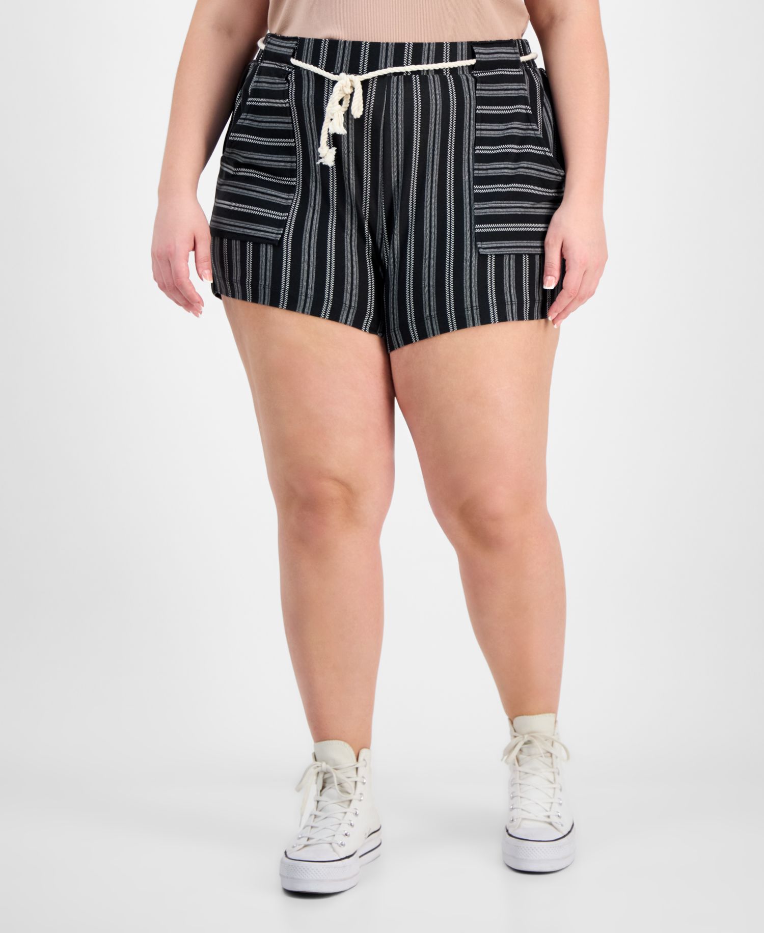 Trendy Plus Size Striped Rope-Belt Shorts