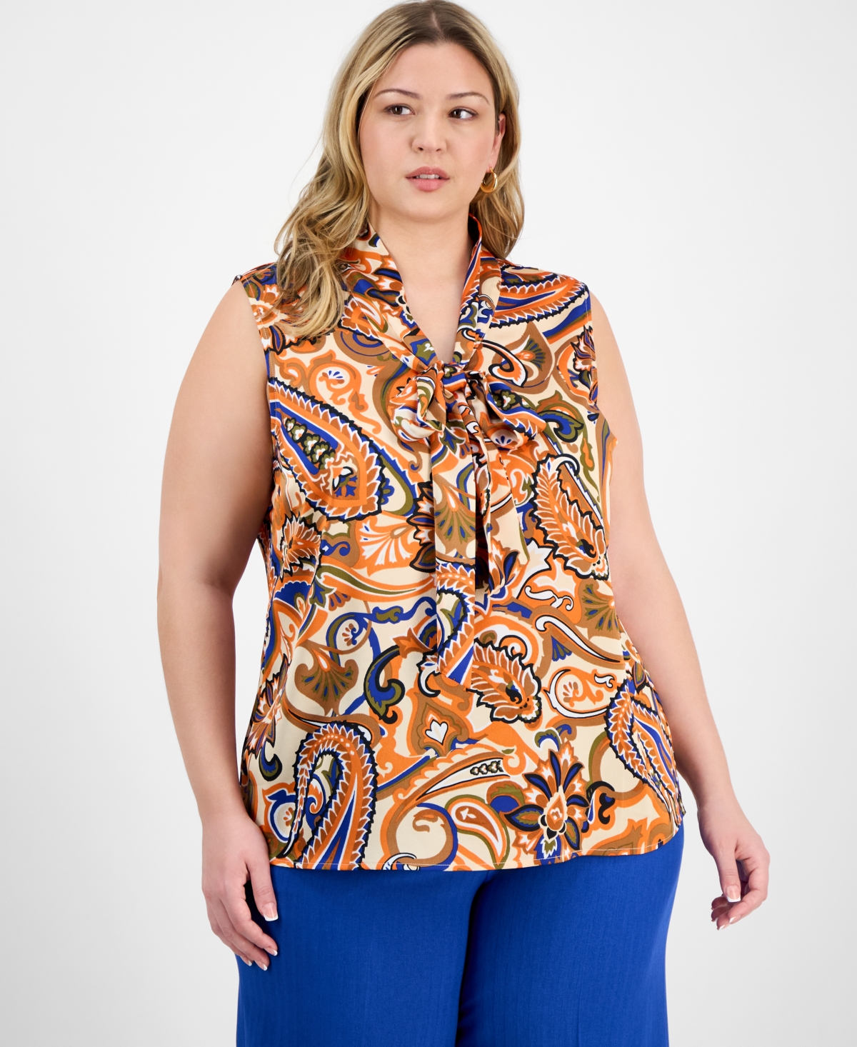 Plus Size Paisley-Print Tie-Neck Blouse - Camel New Royal Paisley