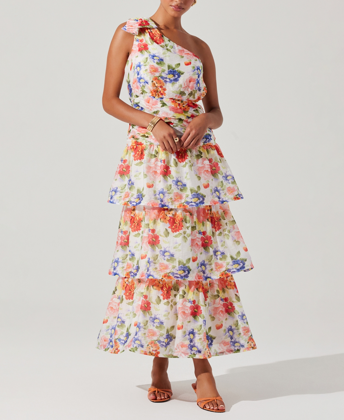 Astr The Label Natali Floral Print One-shoulder Tiered Dress In Multi