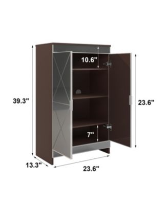 Elegant Decor Mirrored Cabinet with Silver Edging, Mirrored Cabinet with Double Door Storage, Shoe Storage Cabinet for Entryway, Glass+Brown Finish