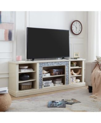 Modern TV Stand with Faux Stone Surround and Ample Storage