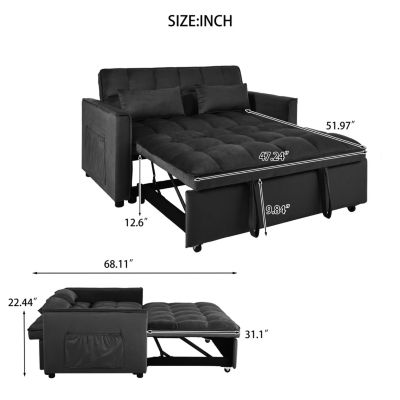 3-in-1 Convertible Sofa Bed with Reclining Backrest and Pillows (Black