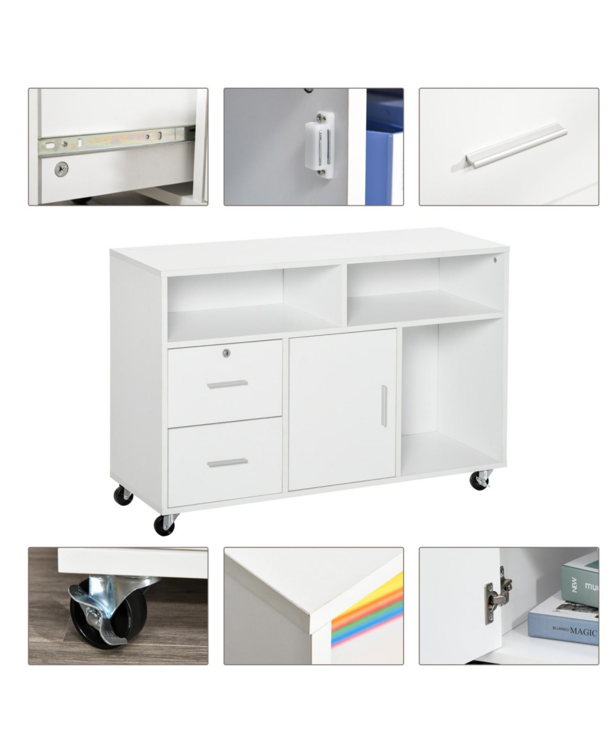 Printer Stand Home Office Mobile Cabinet Organizer Desktop with Caster Wheels, 2 Locking Breaks and Drawer, White
