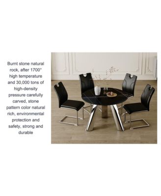 Round Table and 4 Black Chairs with Silver Metal Legs, Sintered Stone Tabletop