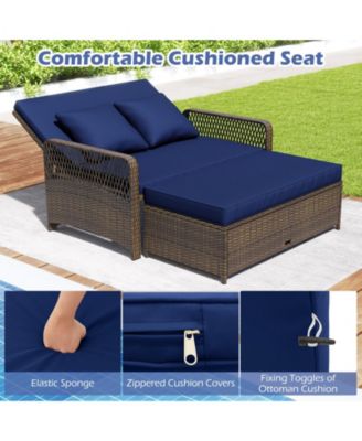 Patio Adjustable Wicker Daybed with 4-Level Backrest and Soft Cushions-Navy