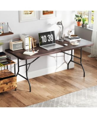 6 Feet Folding Table with Wood Grain HDPE Tabletop and Safe Lock Mechanism-Brown