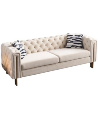  1 Pc  Velvet  Tufted, Chesterfield Style, Gold Metal Legs, Removable Cushions, Includes Pillows  84.25"W Living Room Sofa